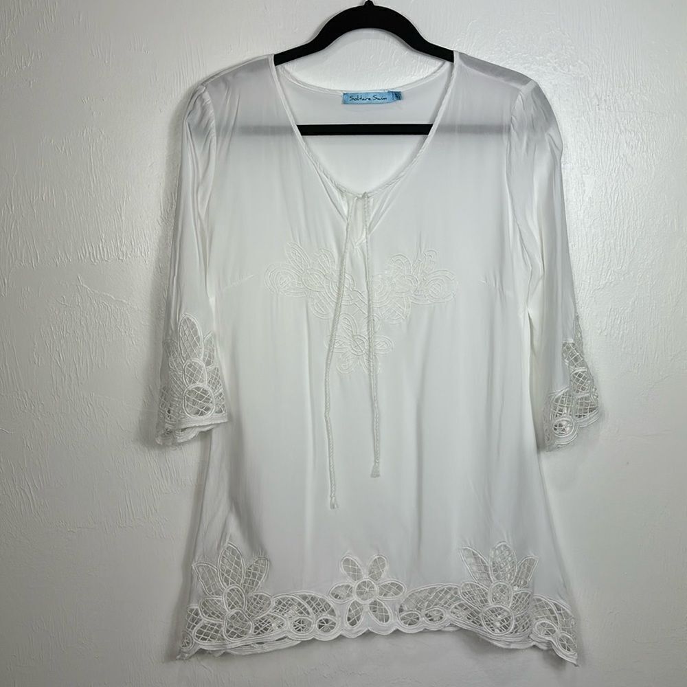 Solitaire Swim White 3/4 Sleeve Lace Trim Cover Up Top Size M